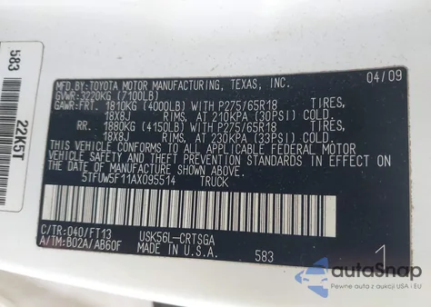 2010 Toyota Tundra Grade 5.7L V8 from USA, damaged, VIN 5TFUW5F11AX095514